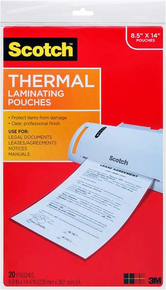 Thermal Laminating Sheets, Legal Size 8.5" x 14.0", 3-Mil Thick, 20 count