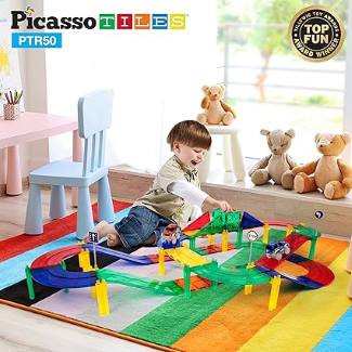 Picasso Tiles 50 pc Magnetic Racetrack with 2 LED Cars