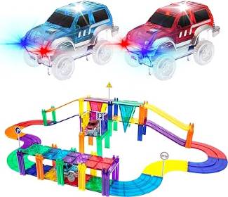 Picasso Tiles 50 pc Magnetic Racetrack with 2 LED Cars
